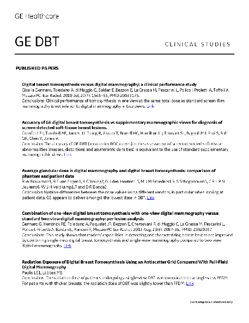 GE HealthCare DBT 科研论文摘要及链接