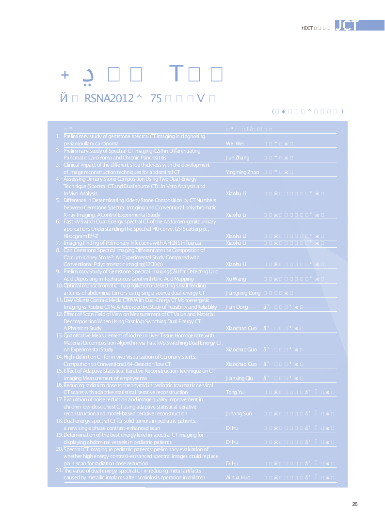 中国宝石CT用户入选RSNA2012的75篇文摘列表